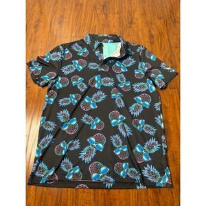 Birdie Bound Golf Polo Shirt Mens Size M Pineapple Allover Print EUC Black Blue